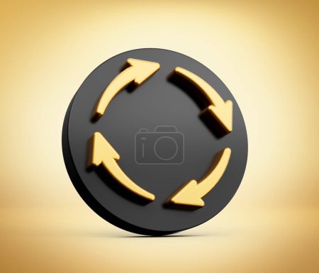 Téléchargez les photos : Symbole de recyclage de quatre flèches dorées 3d avec icône noire arrondie sur fond doré Illustration 3d - en image libre de droit