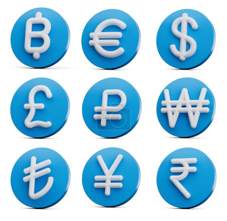 Téléchargez les photos : Ensemble 3d de neuf symboles de devise blancs avec des icônes bleues arrondies sur fond blanc, illustration 3d - en image libre de droit