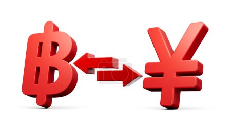 Foto de Iconos rojos 3d del símbolo del baht y del yen con las flechas del cambio del dinero en el fondo blanco Ilustración 3d - Imagen libre de derechos