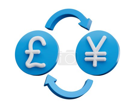 Téléchargez les photos : Symbole de Livre Blanche et de Yen 3d sur des icônes bleues arrondies avec des flèches de change, illustration 3d - en image libre de droit