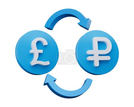 Foto de Símbolo blanco de la libra y del rublo 3d en los iconos azules redondeados con las flechas del cambio del dinero, ilustración 3d - Imagen libre de derechos