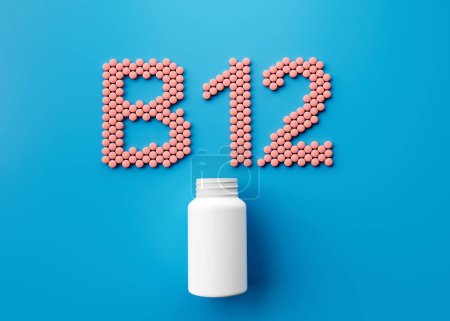 Leere weiße Tablettenflasche mit B12-Text aus abgerundeten Vitamin-B12-Tabletten 3D-Illustration