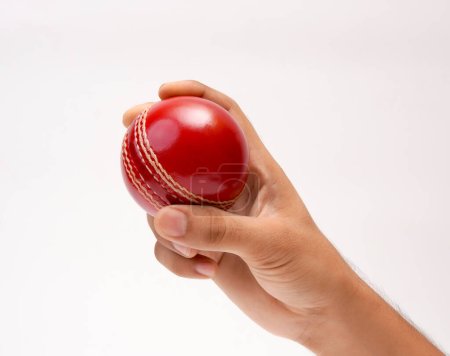 Téléchargez les photos : Une main masculine tenant un test rouge match cuir point Cricket Ball Gros plan image fond blanc - en image libre de droit
