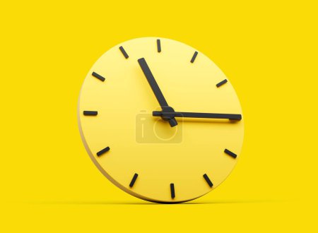 Téléchargez les photos : Horloge murale ronde jaune 3d 11 : 15 Onze Quinze Past 11 Sur fond jaune Illustration 3d - en image libre de droit