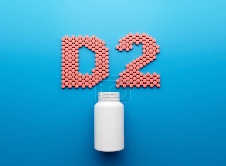 Téléchargez les photos : Bouteille blanche vide de pilule 3d avec le texte D2 fait de la vitamine arrondie D2 comprimés Illustration 3d - en image libre de droit