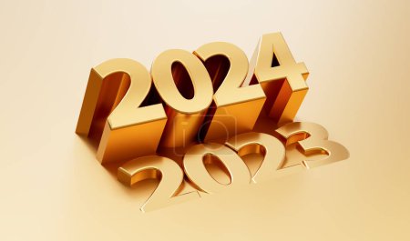 Photo for Golden 2024 Up And 2023 In The Bottom Change From 2023 To 2024 In New Year Holiday 3D Illustration - Royalty Free Image