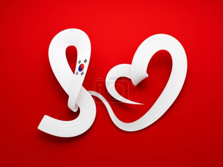 Téléchargez les photos : Drapeau 3D De La Corée Du Sud Forme De Coeur Brillant Ondulé Sensibilisation Ruban drapeau Rouge Fond Illustration 3d - en image libre de droit