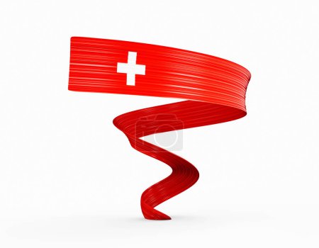 Téléchargez les photos : Ruban de drapeau ondulé brillant 3d de la Suisse isolé sur fond blanc, illustration 3d - en image libre de droit