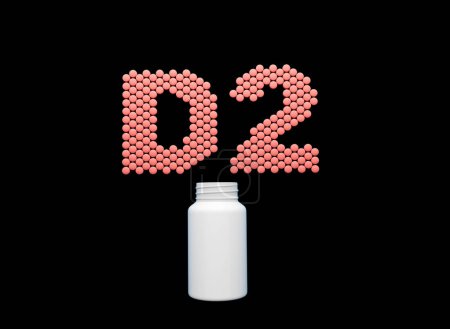 Téléchargez les photos : Flacon blanc vide de pilule 3d avec le texte de D2 fait des comprimés de vitamine D2 Illustration 3d de fond noir - en image libre de droit