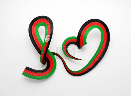 Bandera 3d de Afganistán Forma de corazón Brillante Ondulado Conciencia Cinta Bandera Blanco Fondo Ilustración 3d