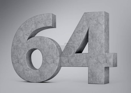 Número de hormigón 3d sesenta y cuatro 64 dígitos hechos de piedra de hormigón gris Fondo gris Ilustración 3d