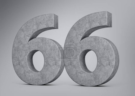 Número de hormigón 3d Sesenta y seis 66 dígitos hechos de piedra de hormigón gris Fondo gris Ilustración 3d