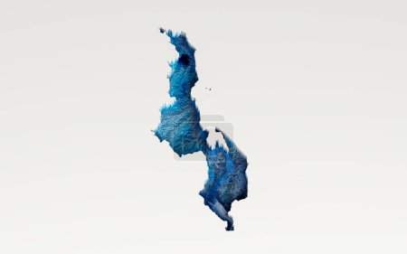 Mapa de Malawi de aguas azules profundas en 3D Mapa de textura de relieve sombreado sobre fondo blanco Ilustración 3d