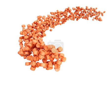 Téléchargez les photos : Granulés de plastique orange 3d ou perles de polymère de PVC qui coulent dans l'air Illustration 3d - en image libre de droit