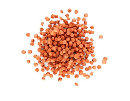 3D-Streuung Orange Kunststoff-Pellets oder PVC-Polymer-Perlen von oben Ansicht weißer Hintergrund 3D-Illustration