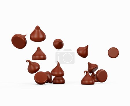 3d Milk Chocolate Chips Or Chocolate Morsels Falling On White Background 3d Illustration
