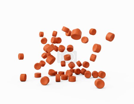 3D Orange Kunststoff-Pellets oder PVC-Polymer-Perlen fallen auf weißem Hintergrund 3D-Illustration