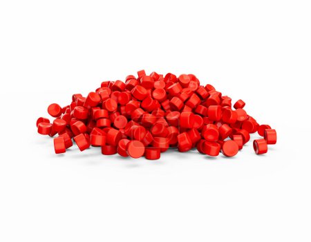 3D-verstreute rote Kunststoffpellets oder PVC-Polymerperlen isoliert auf weißem Hintergrund 3D-Illustration