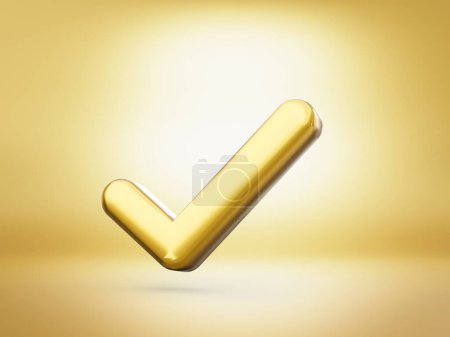 3d glänzendes goldenes Licht goldenes Häkchen auf goldenem Hintergrund 3d Illustration