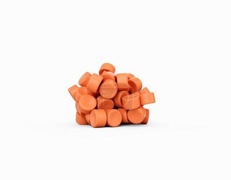 Téléchargez les photos : Groupe 3d de pastilles de plastique orange ou de perles de polymère de PVC Bunch sur fond blanc Illustration 3d - en image libre de droit