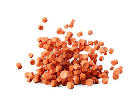 Téléchargez les photos : Pellets en plastique orange 3d ou perles de polymère de PVC tombant sur fond blanc Illustration 3d - en image libre de droit