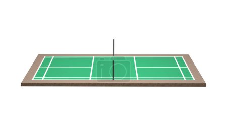 3D Badmintonplatz mit Netz, grünem Boden und weißen Linien, die die Grenzen markieren 3D Illustration
