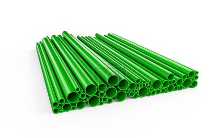 Tuberías de PVC verde brillante 3D de diferentes diámetros Concepto de fontanería sobre fondo blanco Ilustración 3D