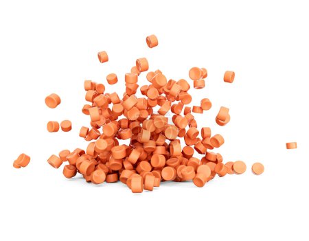 Téléchargez les photos : Pellets en plastique orange 3d ou perles de polymère de PVC tombant sur fond blanc Illustration 3d - en image libre de droit