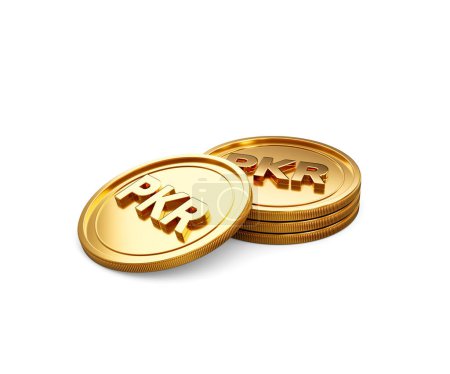 Pila 3d de oro Rupia paquistaní PKR monedas redondeadas Pila sobre fondo blanco Ilustración 3d