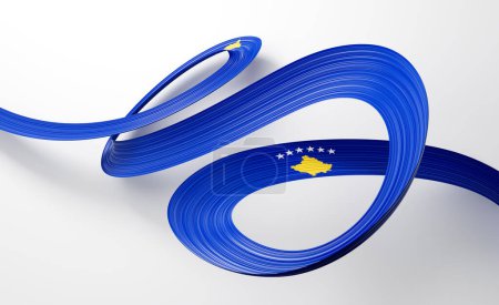 Bandera 3d de Kosovo Bandera de cinta de Kosovo brillante ondeando sobre fondo blanco Ilustración 3d