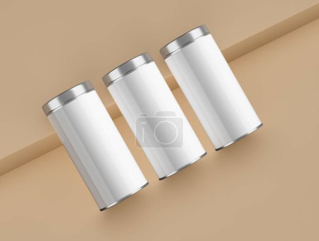 3D Trois boîtes cylindriques blanches de pot de café avec des couvercles en argent sur fond beige Illustration 3D