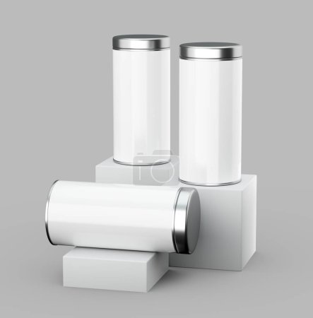 3D Trois pots de café cylindriques blancs avec le podium de produit sur fond gris Illustration 3D