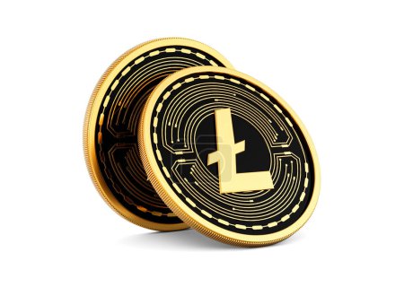 3d Zwei goldene und schwarze abgerundete Kryptowährung Litecoin-Münzen auf weißem Hintergrund 3d Illustration