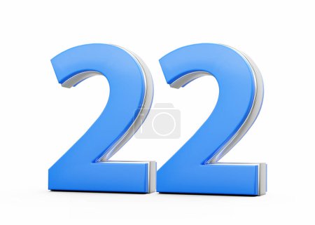 Número 3D 22 Veintidós compuesto de cuerpo azul con contorno de plata sobre fondo blanco Ilustración 3D