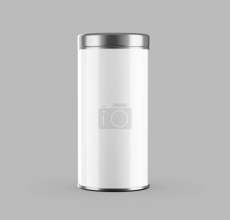 Boîte à café cylindrique blanche 3D avec couvercle en argent sur fond gris Illustration 3D