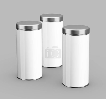 3D Trois boîtes cylindriques blanches de pot de café avec des couvercles argentés sur fond gris Illustration 3D