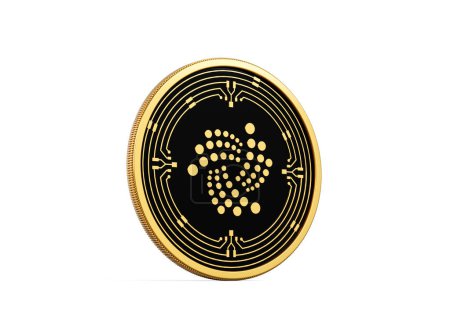 Moneda redondeada dorada y negra 3d de la criptomoneda IOTA aislada en fondo blanco Ilustración 3d