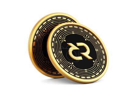 3d deux pièces de monnaie crypto-monnaie arrondies dorées et noires sur fond blanc Illustration 3d