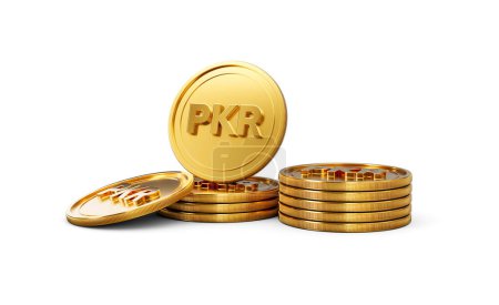 Pila 3d de oro Rupia paquistaní PKR monedas redondeadas Pila sobre fondo blanco Ilustración 3d