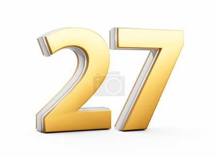 3D Golden Shiny Number 27 Twenty Seven With Silver Outline On White Background 3D Illustration