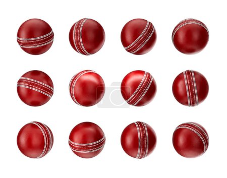 3D-Set aus glänzendem Testmatch Leder genäht Cricketbälle Muster weißer Hintergrund 3D-Illustration