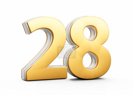 3D Golden Shiny Numéro 28 Vingt-huit avec contour argenté sur fond blanc Illustration 3D