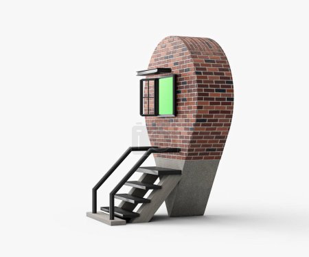 3D Location Navigator Pin Brick Wall Metal Stairs Shop Market Outlet Stores Concept 3D Illustration