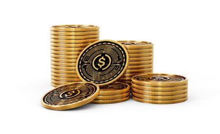 Pila de oro Criptomoneda USD Monedas USDC redondeadas Pila Fondo Blanco Ilustración 3d