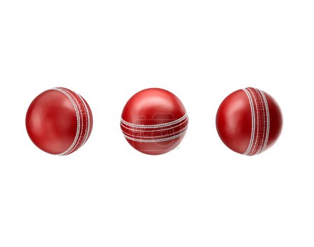 3D Drei glänzende neue Test-Match-Leder genähte Cricketbälle auf weißem Hintergrund 3D-Illustration