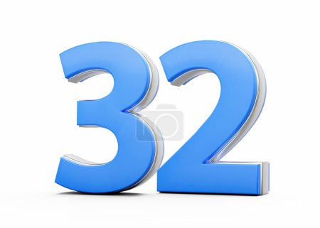 Número 3D 32 Treinta y dos hecho de cuerpo azul con contorno de plata sobre fondo blanco Ilustración 3D