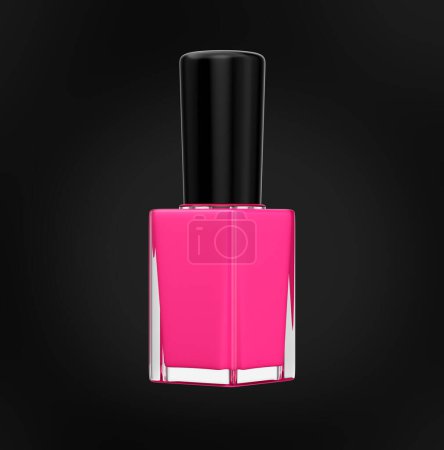 Botella de cristal del esmalte de uñas o de la pintura rosada brillante 3d con la tapa negra en fondo negro Ilustración 3d
