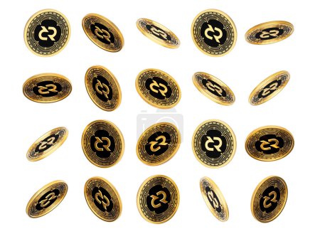 3d Fallende goldene und schwarze Kryptowährung Decred gerundete Münzen weißer Hintergrund 3d Illustration