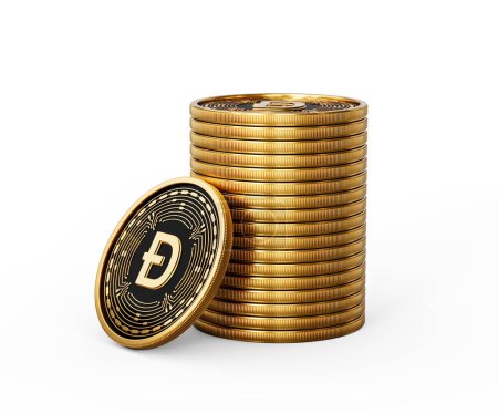Stapel von glänzend goldenen Kryptowährung Dogecoin Abgerundete Münzen Stapel weißer Hintergrund 3D-Illustration