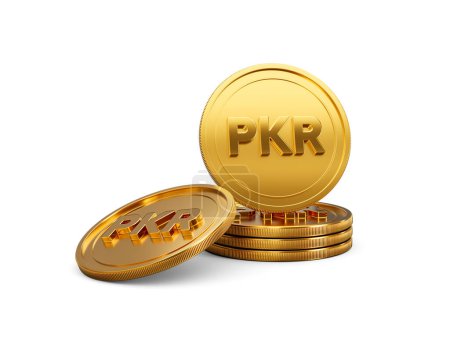 pile 3d de roupie pakistanaise dorée PKR pièces rondes pile de pièces sur fond blanc illustration 3d